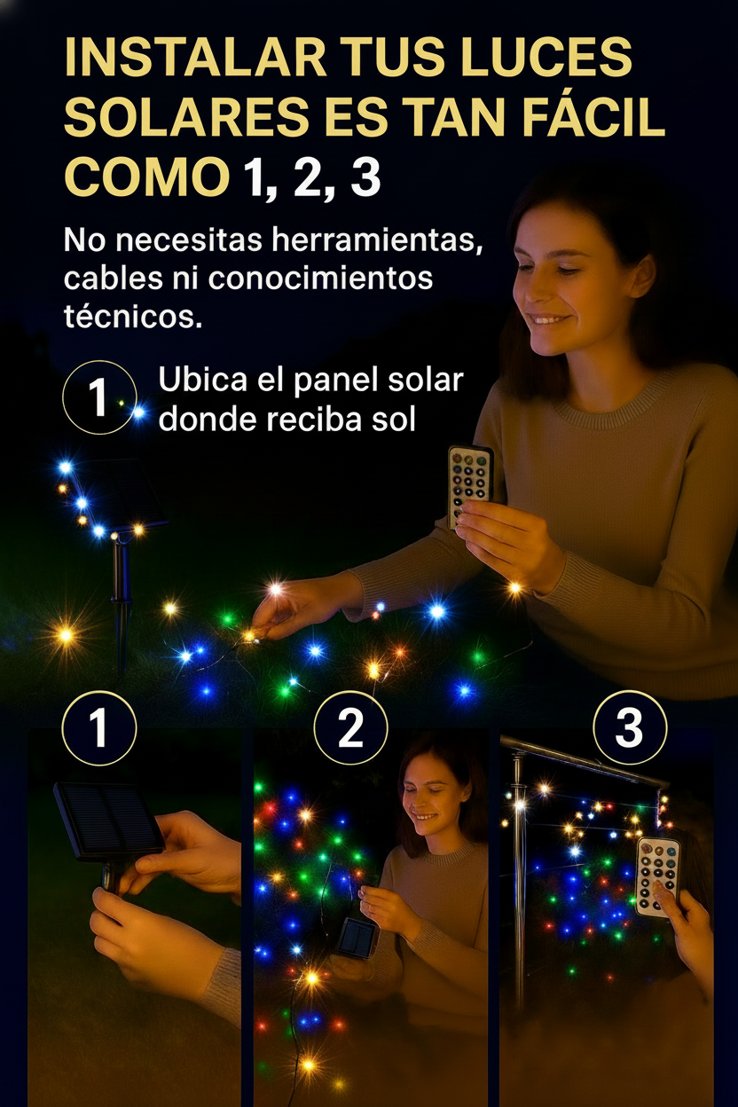 🎄 LUZ NAVIDEÑA SOLAR 50MT – MULTICOLOR y AMBAR CON CONTROL REMOTO 500 FOCOS.