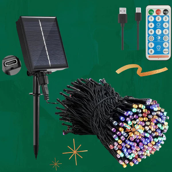 🎄 LUZ NAVIDEÑA SOLAR 50MT – MULTICOLOR y AMBAR CON CONTROL REMOTO 500 FOCOS.